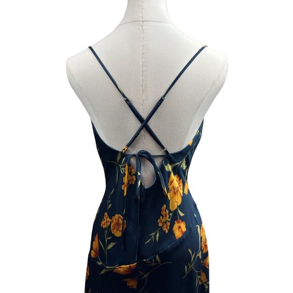 Women’s Azazie Small Navy Blue Sleeveless Maxi Dress with Orange Florals & a Sid - Picture 4 of 6